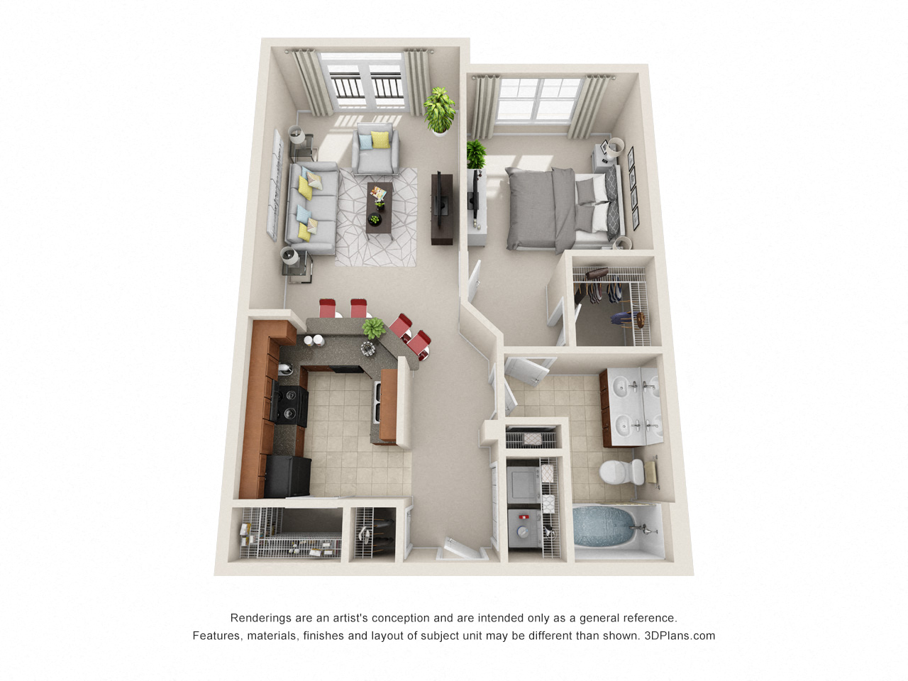 Floor plan for 1 bed, 1 bath, 736 sqft